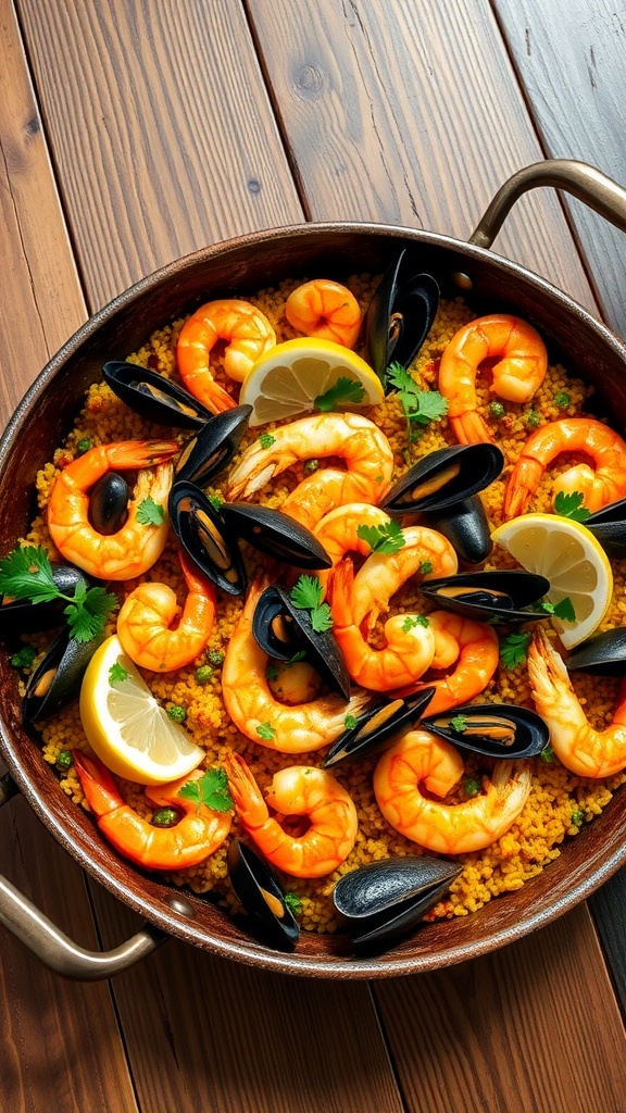 A traditional seafood paella with shrimp, mussels, calamari, and saffron rice in a paella pan, garnished with parsley and lemon.